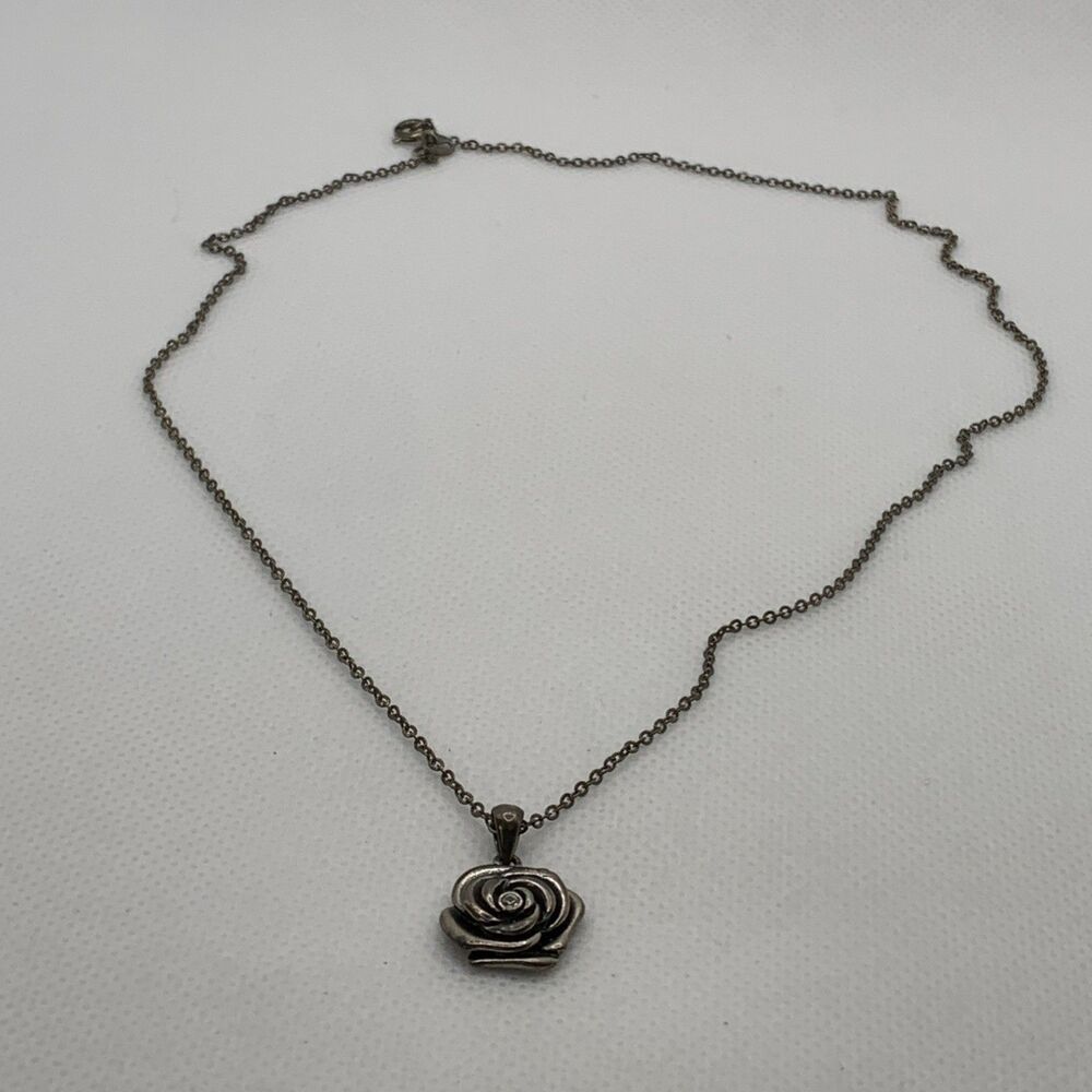 925 NY Sterling Silver Rose Pendant Necklace Italy Chain CZ Vintage 18”